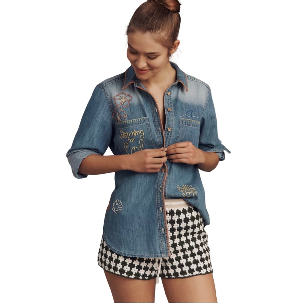 Pilcro Long-Sleeve Embroidered Icon Denim Buttondown Shirt from Anthropology